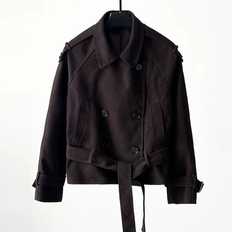 2026 New Genuine Leather Jacket Women's Lapel Short Double-Breasted Premium Sheepskin Suede Casual Jacket with Belt Female Coat