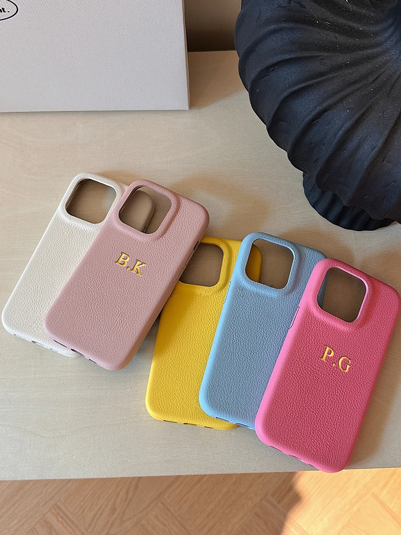 Personalised Customized Name Case For iPhone 12 13 14 15 16 pro max Initials DIY Letters Luxury Litchi Leather Gift Cover