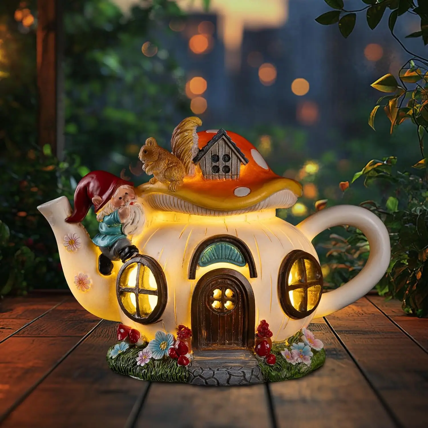 

Mushroom Fairy House Garden Decor Solar Light – Outdoor Gnome Statue with Squirrel, Resin Teapot Decorative Figurine for Patio,