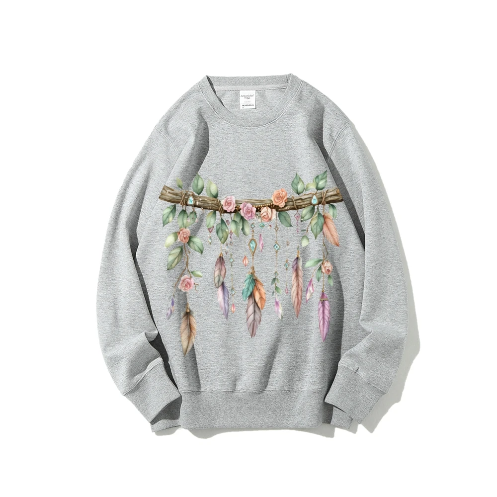 

Y2K Graphic Sweatshirt Floral Dreamcatcher Print Whimsical Bohemian Serene Sweatshirt Soft Fabric Nature-Inspired Casual Looks