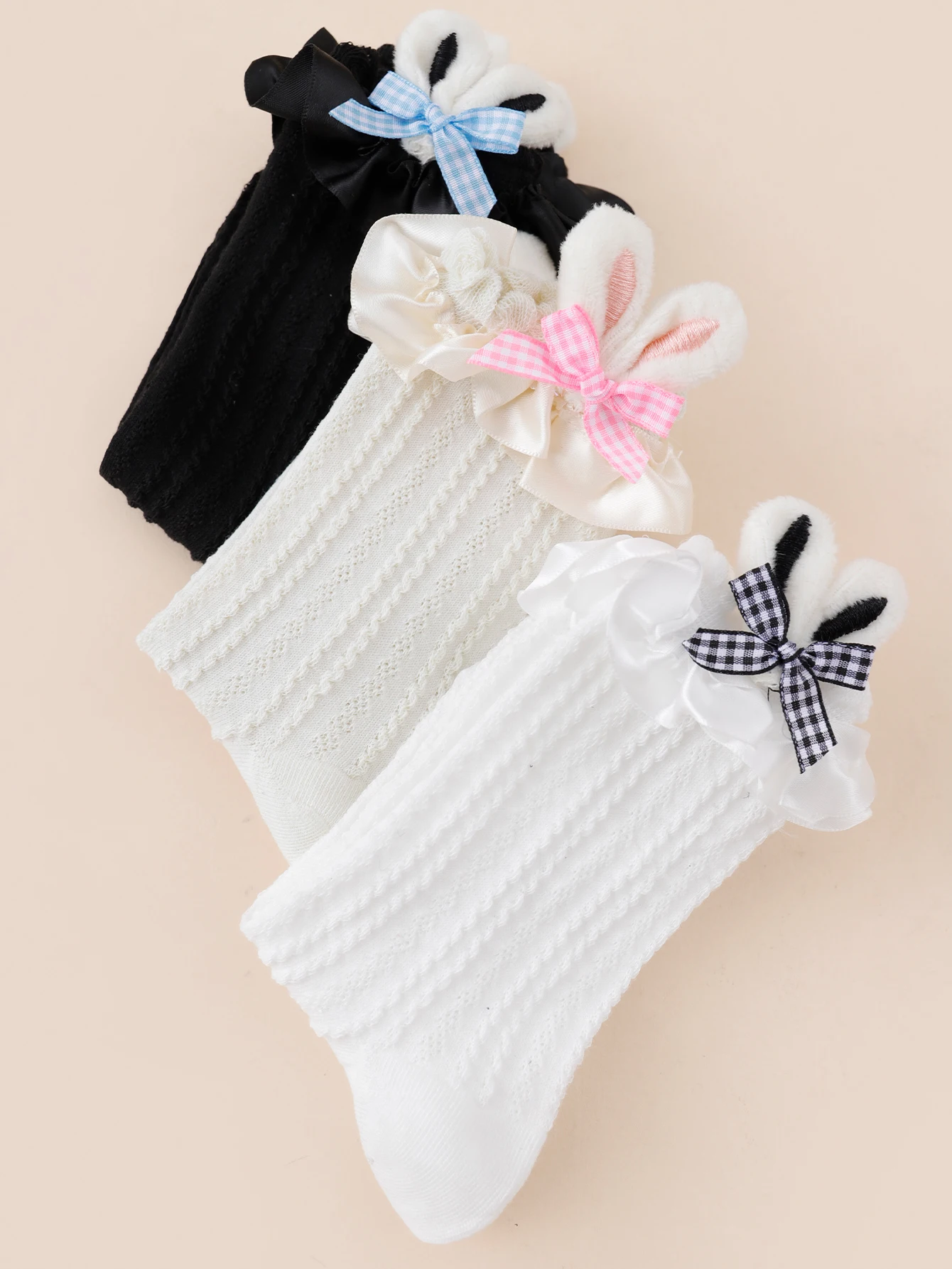 1/3/5 Pairs Random Solid Color Women Mid Socks Sweet JK Lolita Bow Rabbit Ear Breathable Sweat Absorbent Socks