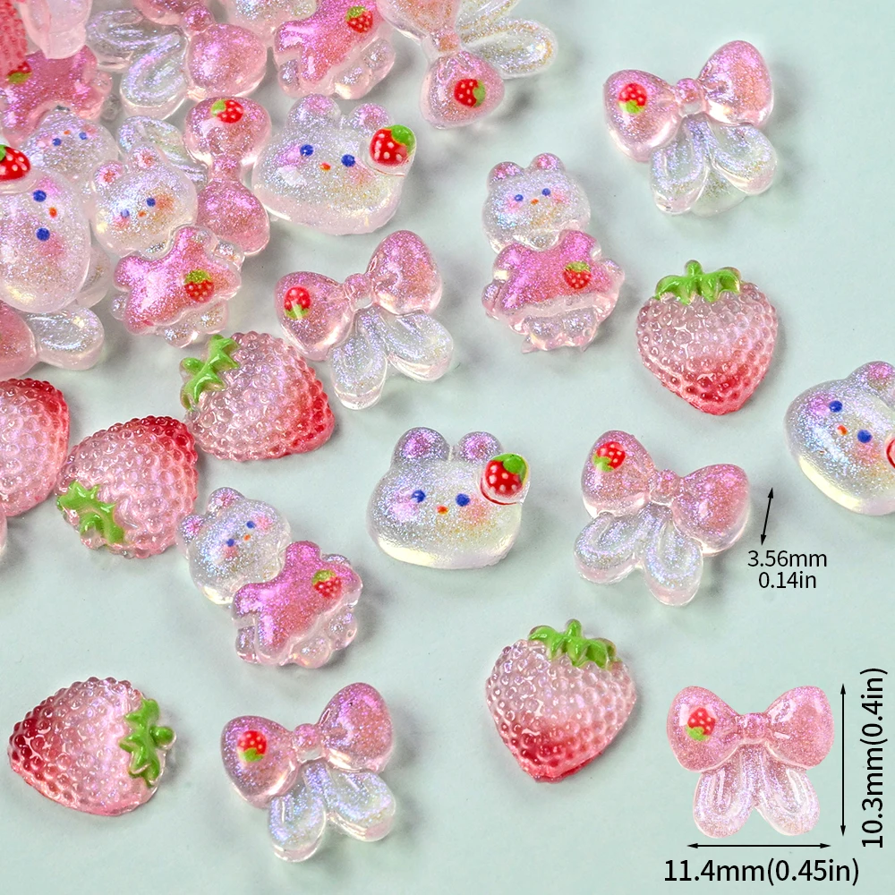 50pcs 3D Kawaii Rabbit Nail Art Charms Supplies Cute Pink Aurora Bow Rabbit Strawberry DIY Manicure Decor Nail Decoration Parts