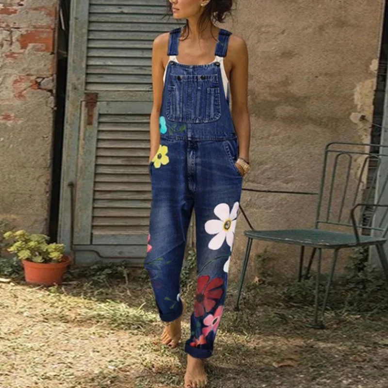 

Women Bleached Cotton Polyester Floral Flower Printed Casual Jeans Non-Stretch Strap Long Pants Sleeveless Overall Jumpsuit