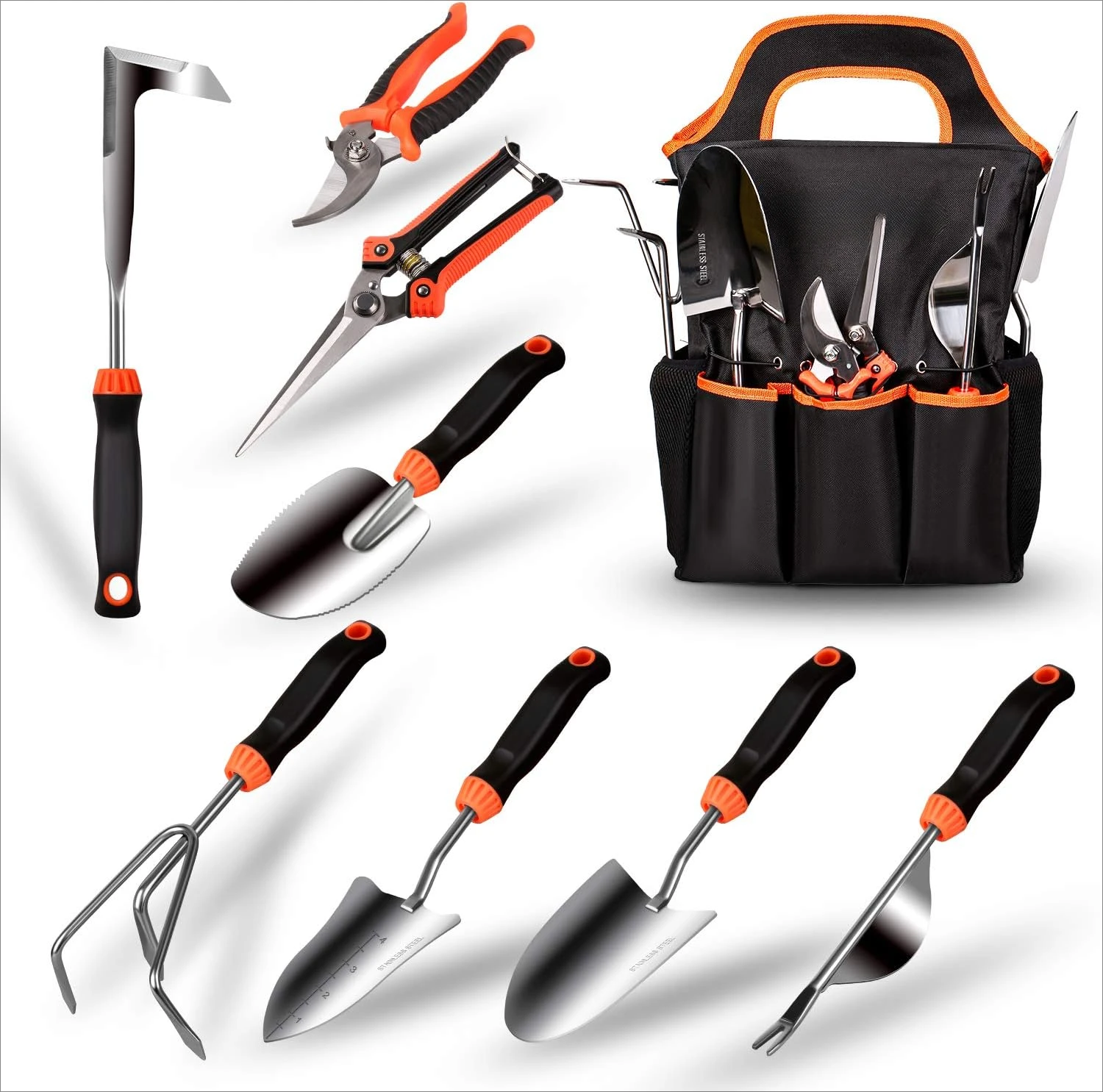 Garden Tool Set, 9 Piece Stainless Steel Heavy Duty Gardening Tool Set, with Non-Slip Rubber Grip, Storage Pocket, Ideal Garden