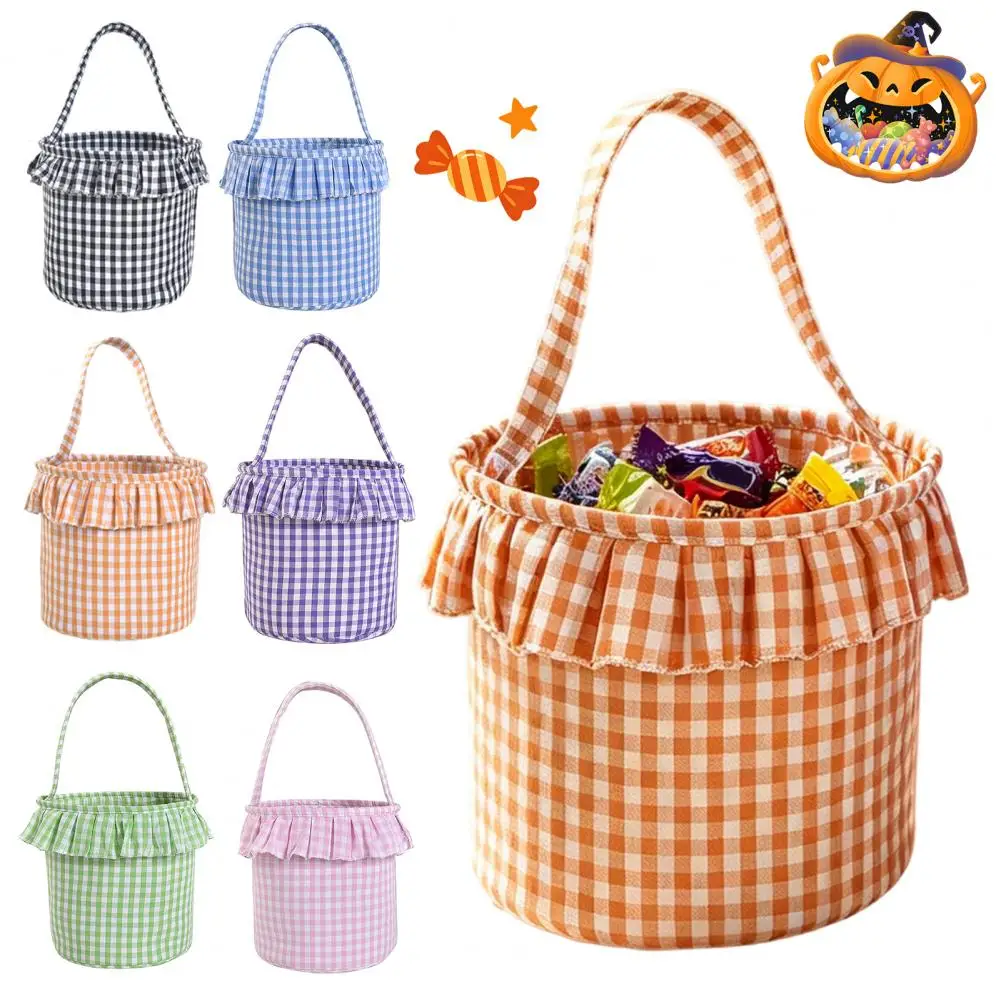 Halloween Basket, Plaid Ruffle Trick or Treat Candy Bucket with Handle for Kids,Gingham Fabric Storage Basket for Party Favors