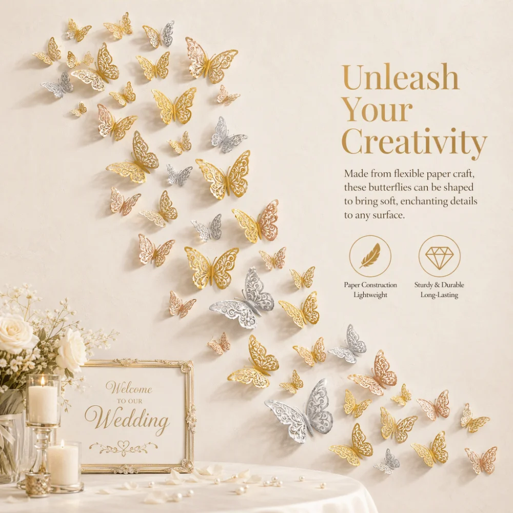 72Pcs Hollow Design Butterfly Wall Stickers 3 sizes Easy Cleaning 3D Butterfly Wall Decor Vivid Color 3D Butterfly Sticker