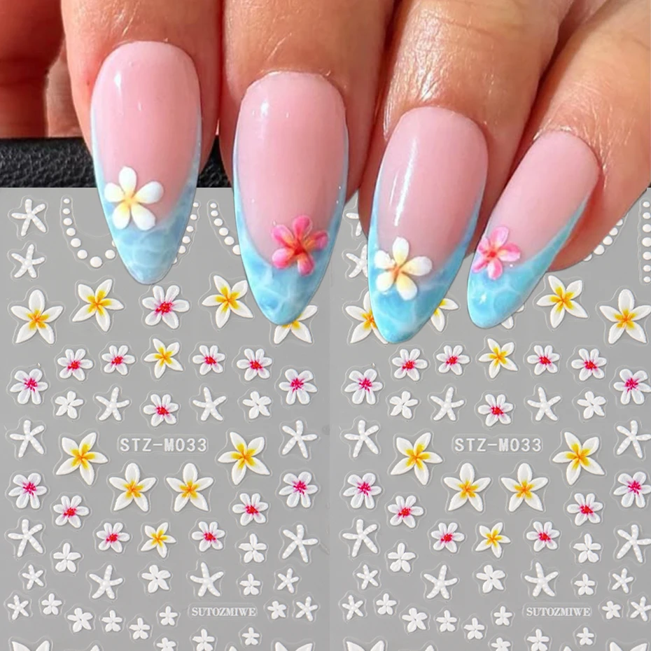 Sommerliche Ozeanblumen-Nagelaufkleber - Selbstklebende Nagelsticker mit weißen und rosa Blumen- und Seestern-Designs im Strandthema