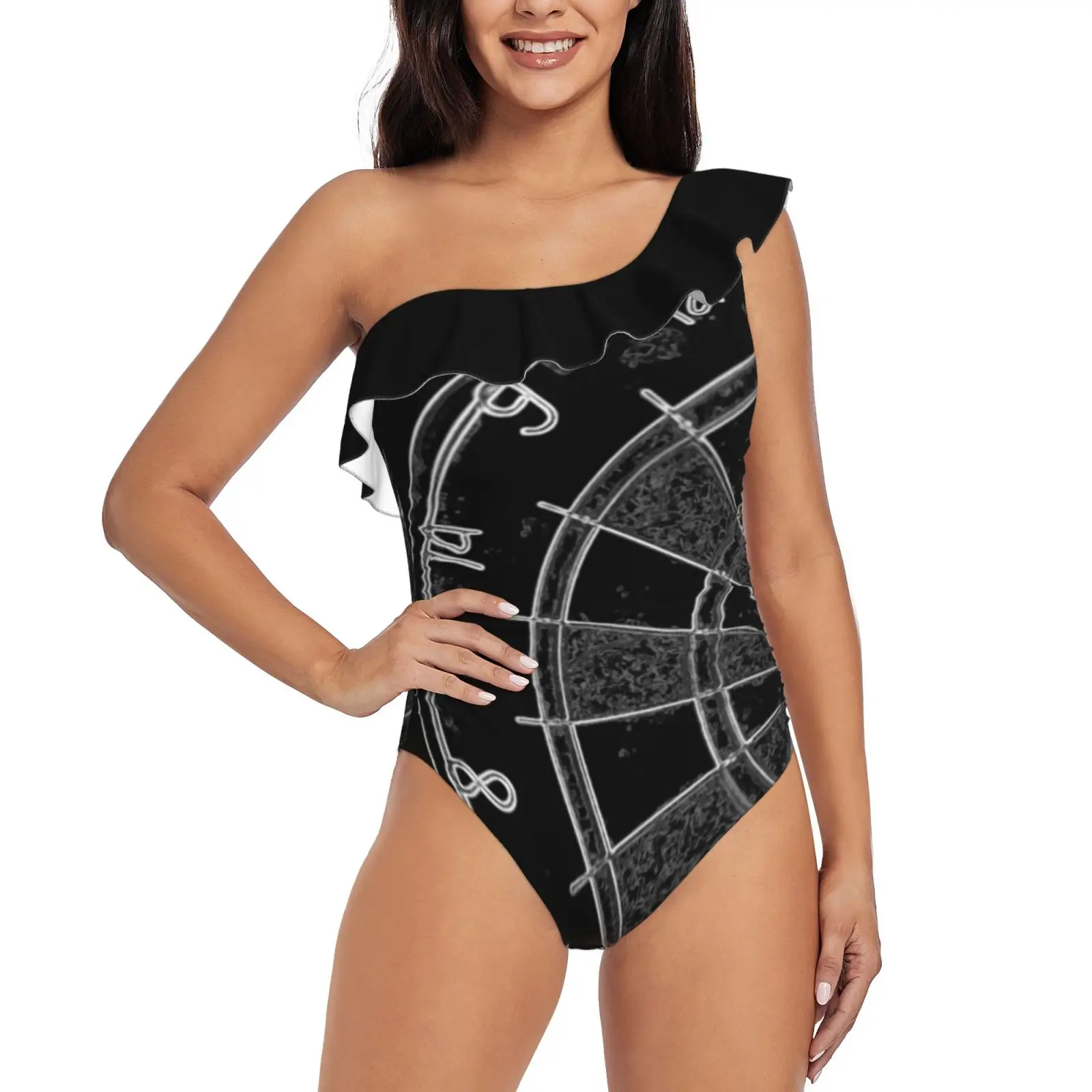 Dart Board One Shoulder Ruffle Swimsuit One-Piece Beach Bathing Suit Print Sexy Women Swimsuit Darts Beer Pub Drinking Drink