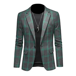 2025 Slim Fit Men's Casual Suit Handsome Fashion Plaid Blazer Polyester Business Wedding High-Quality Male Attire