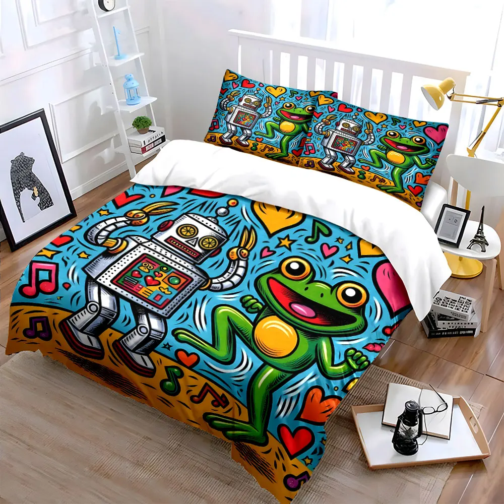 Robot and Frog Dancing Happily Print Bedding Set 1 Duvet Cover 2 Pillowcases for Adult and Children Luxury Gift Full Size