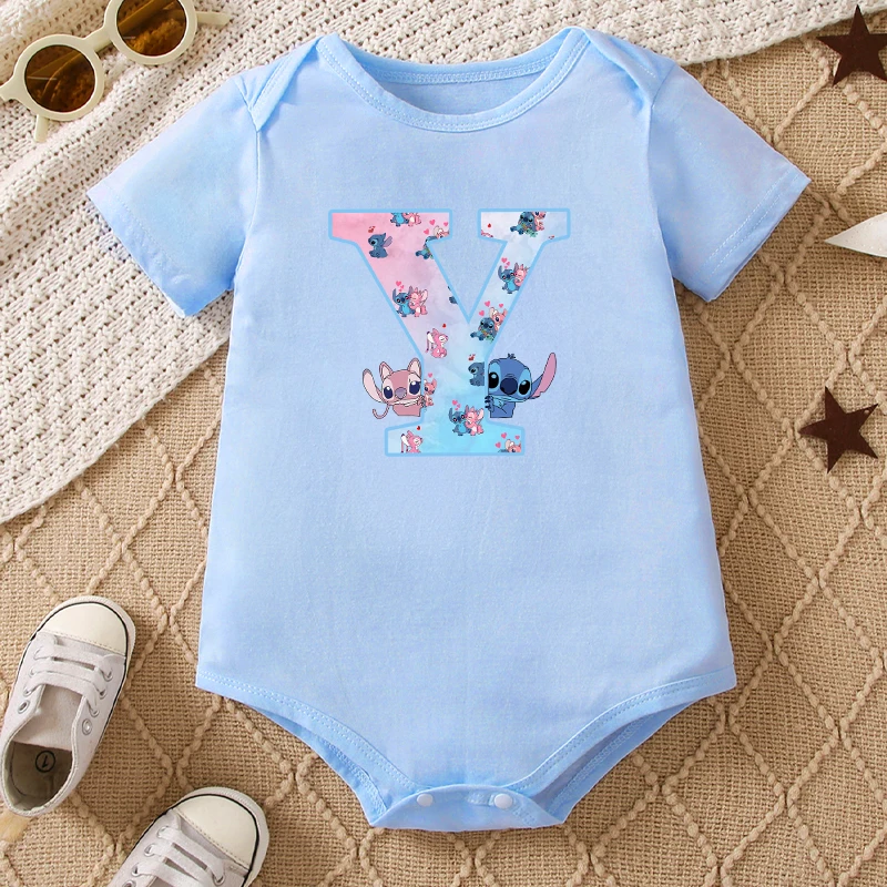 Disney Stitch Letter A-Z Baby Boy Clothes New Anime Kawaii Cute Newborn Rompers Summer Blue Bodysuits One-Pieces Jumpsuits Gift