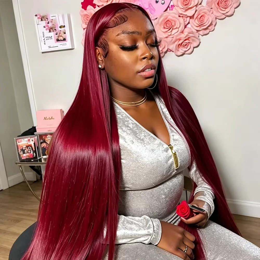 220 Density 40 46 Inches 13x4 Lace Frontal Wig 99J Burgundy Pre plucked Red Colored Bone Straight Wig 13x6 HD Transparent Lace Front Human Hair Wigs 13x4 Lace Frontal Wig 99J Burgundy Preplucked Red Colored Bone Straight Wig