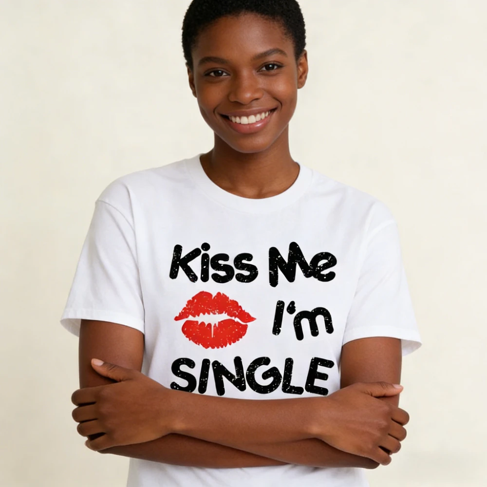 Kiss Me I'm Single Shirt Funny Valentines Unisex Tshirt Valentine's Day Gift Men and Women T-Shirt Single Party Casual Cotton T