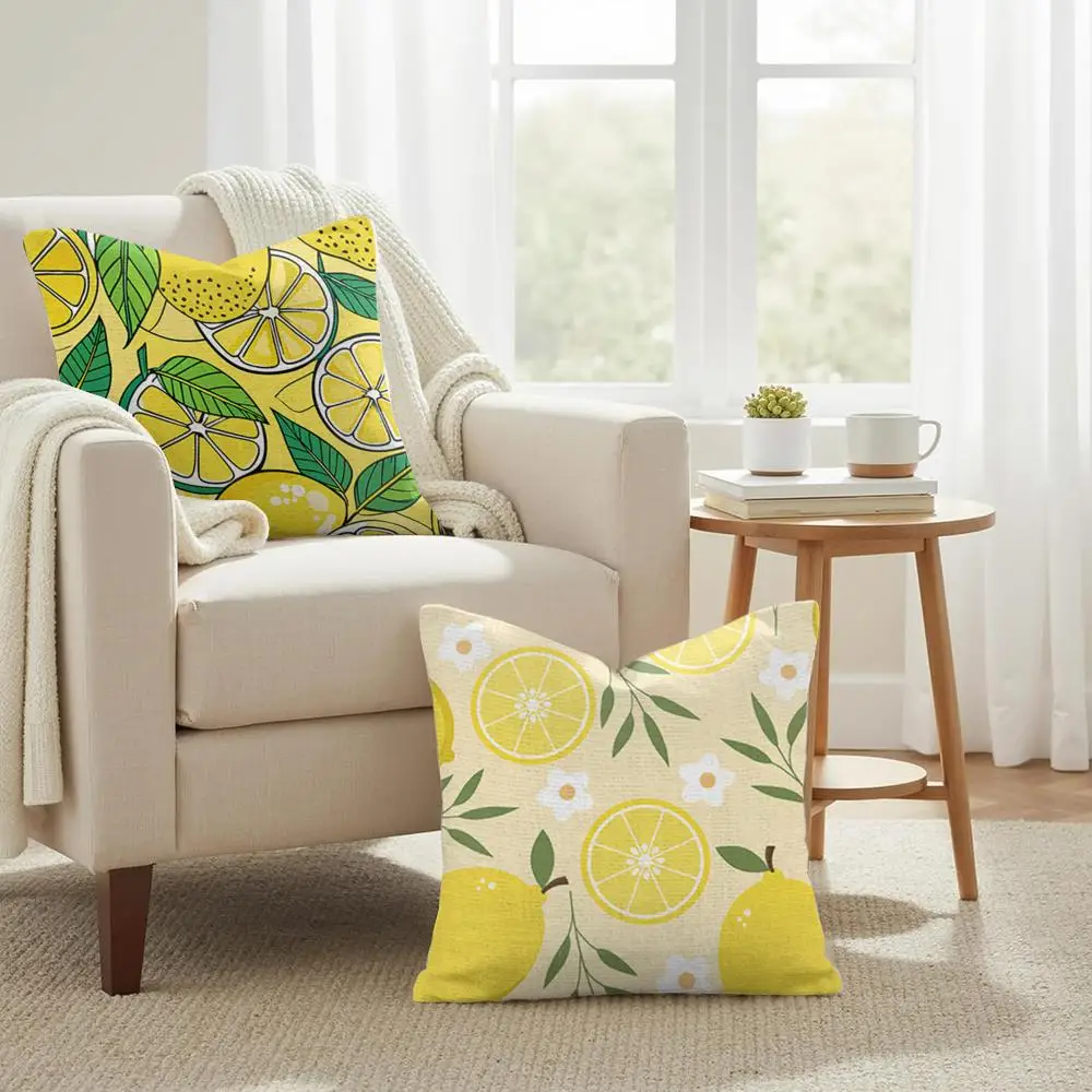 Lemon Fruit Pattern Cushion Cover Double-Sided Printed Organic Linen Pillow Cover, Decorative for Sofa Home