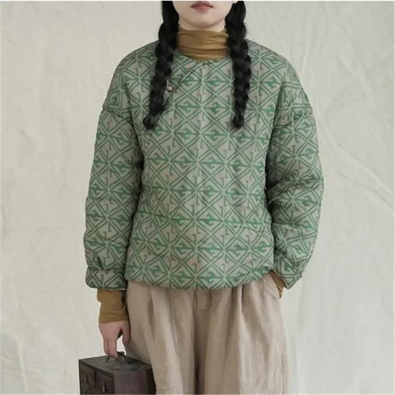 

2025 New Winter Floral Print Cotton Jacket Women Chinese Style Long Sleeve Green Warm Thicken Womens Coat Vintage Female Clothes