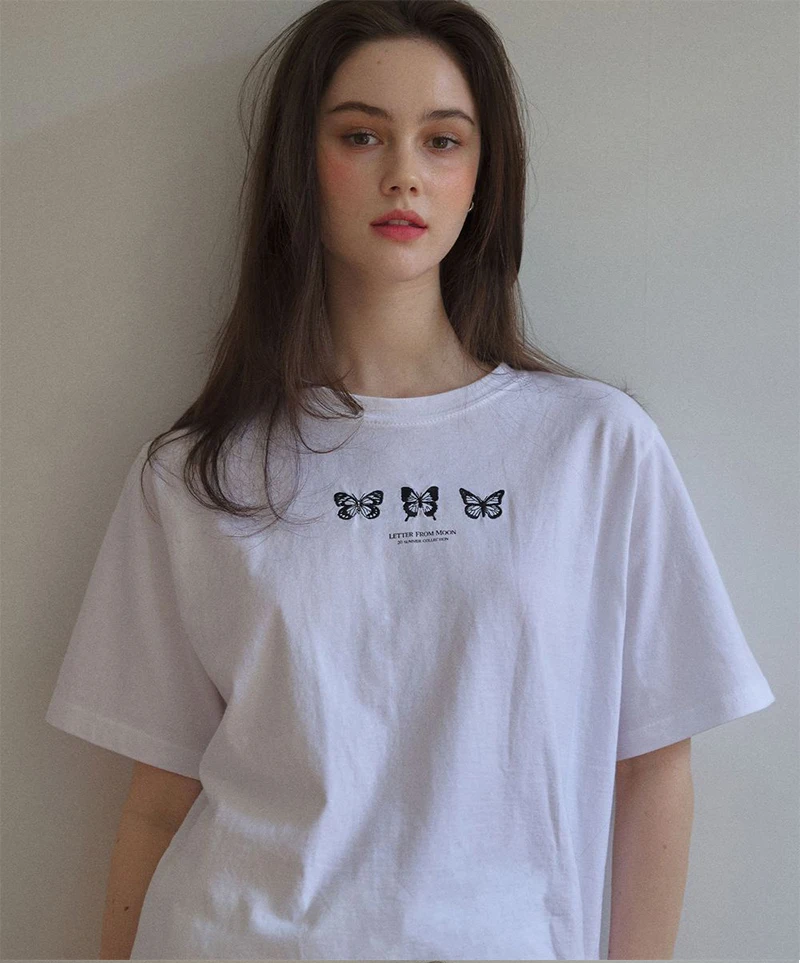 Jennie Jenny Tonal Printed T-Shirt Letter from the Moon Triple Butterfly Embroidered Loose-Fit T-Shirt 4 Colors T-Shirt