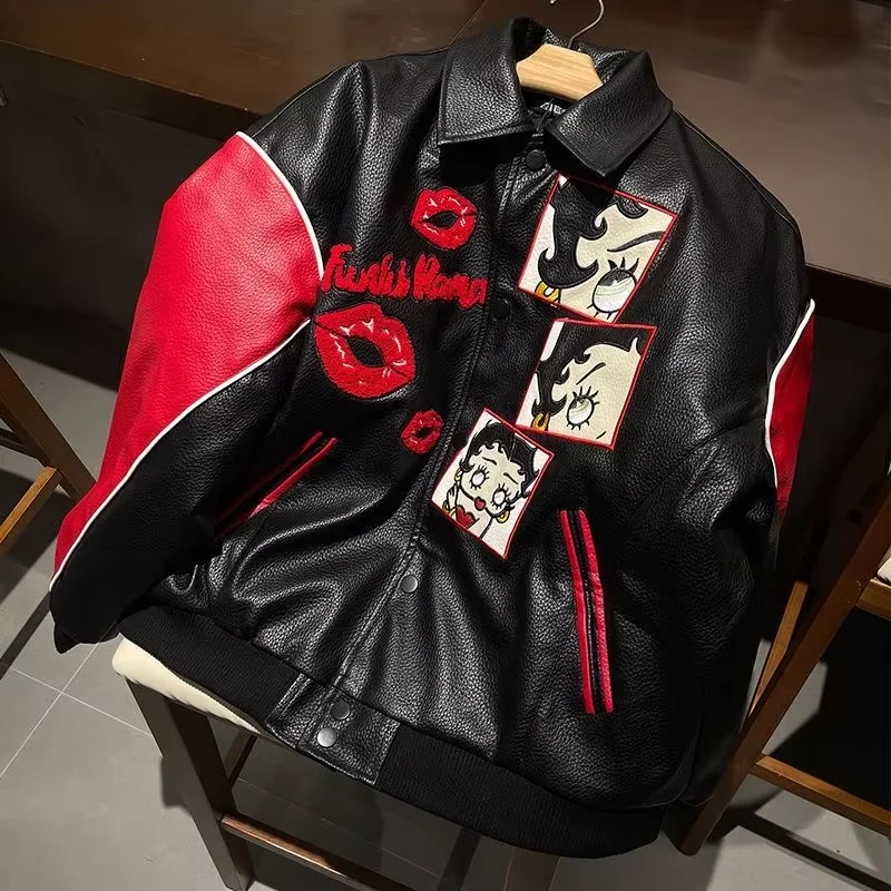 

Кожаная куртка Betty Boop, пальто Kawaii, аниме Y2K, толстовка с длинными рукавами и вышивкой для пары, топ, повседневная спортивная одежда, верхняя одежда