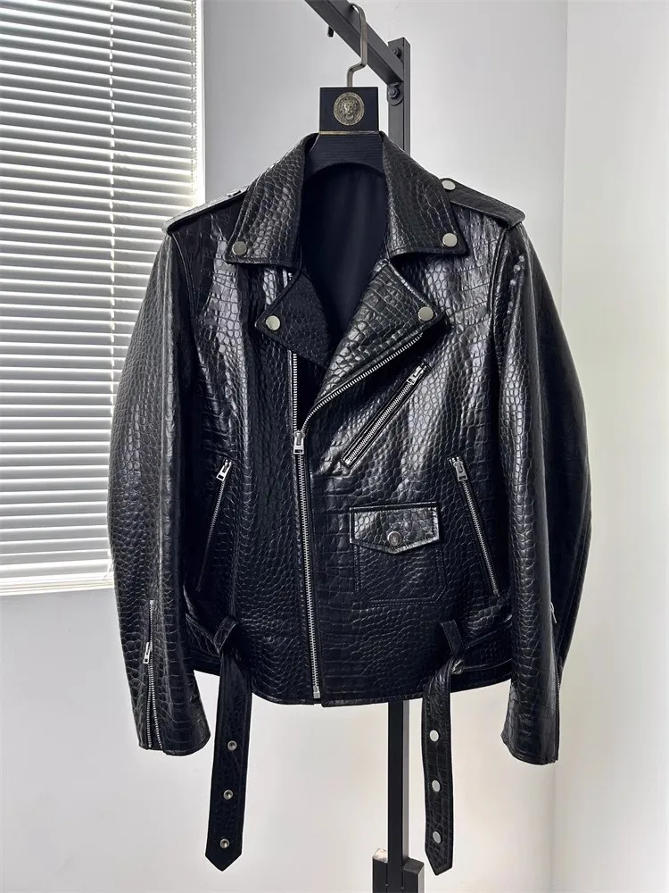 Punk Slim Fit Men Genuine Leather Motorcycle Jacket Zipper Lapel New Fashion High Quality Real Sheepskin Black Short Coat Male