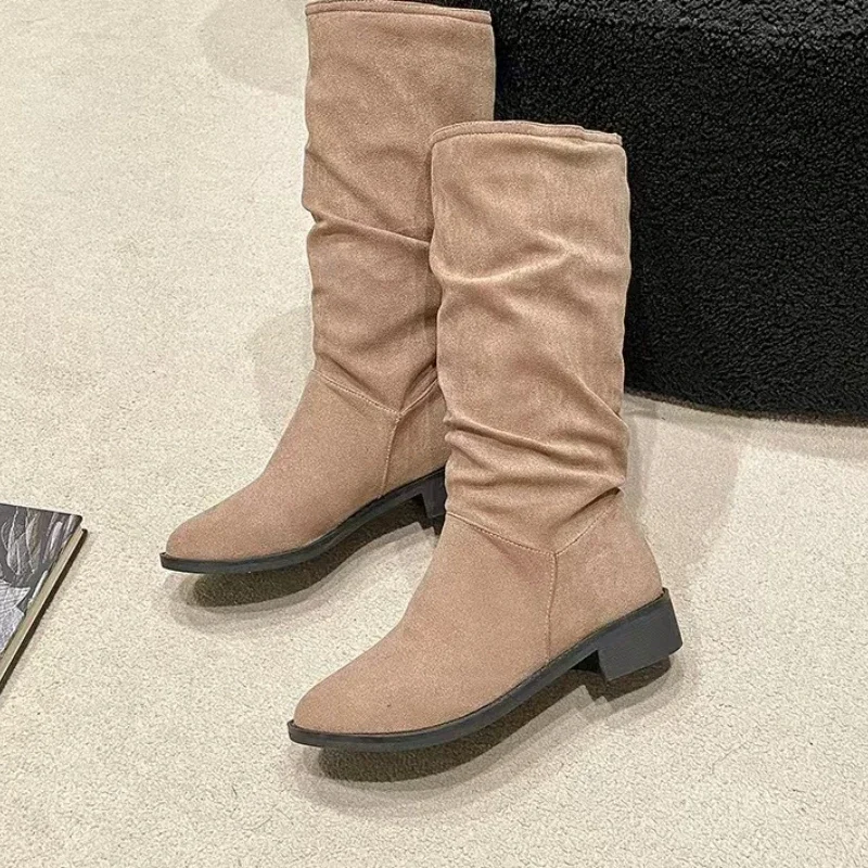 2024 Fashionable Women's Boots Spring and Autumn Round Toe Solid Color High Tube Round Toe Low Heel Large Size Boots Zapatos