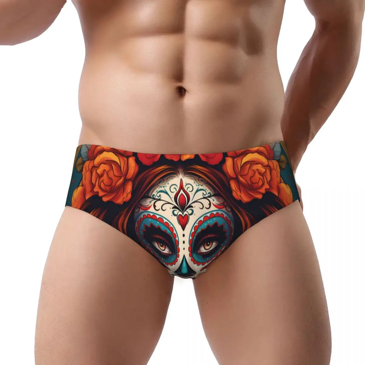 Calças triangulares masculinas flores crânio mexicano calavera homem roupa interior sexy briefs respirável suor confortável calcinha