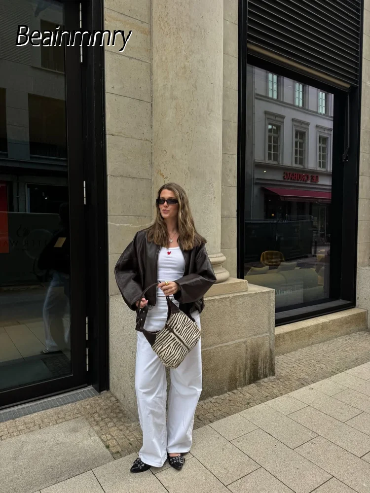 

Women Chic Solid Belt Leather Coat Fashion Lapel Full Sleeve Zipper Loose Outerwears Autumn New Daily Commute High Street Jacket