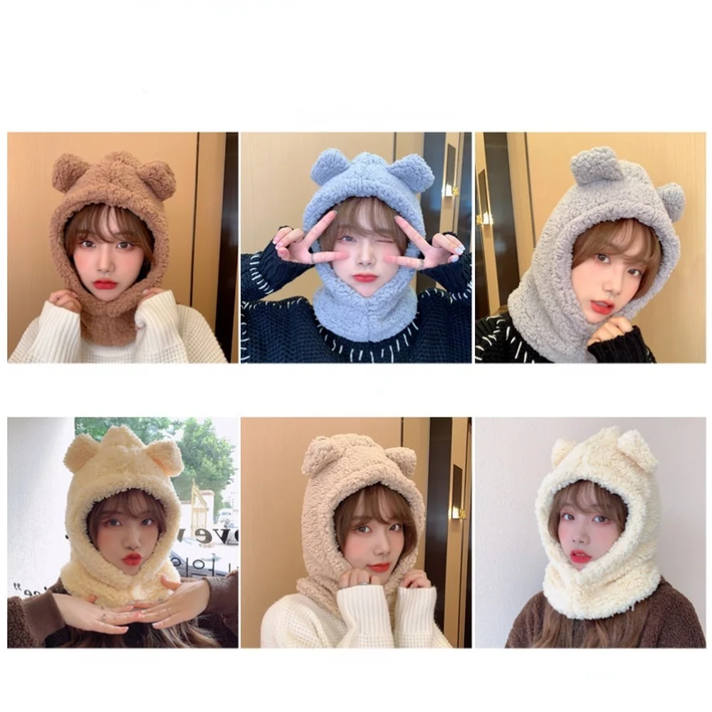 Cute Bear Ears Beanies Women Winter Head Hood Scarf Hat Cap Thicken Cozy Warm Bonnet Female Lamb Balaclava Riding Bobble Hat