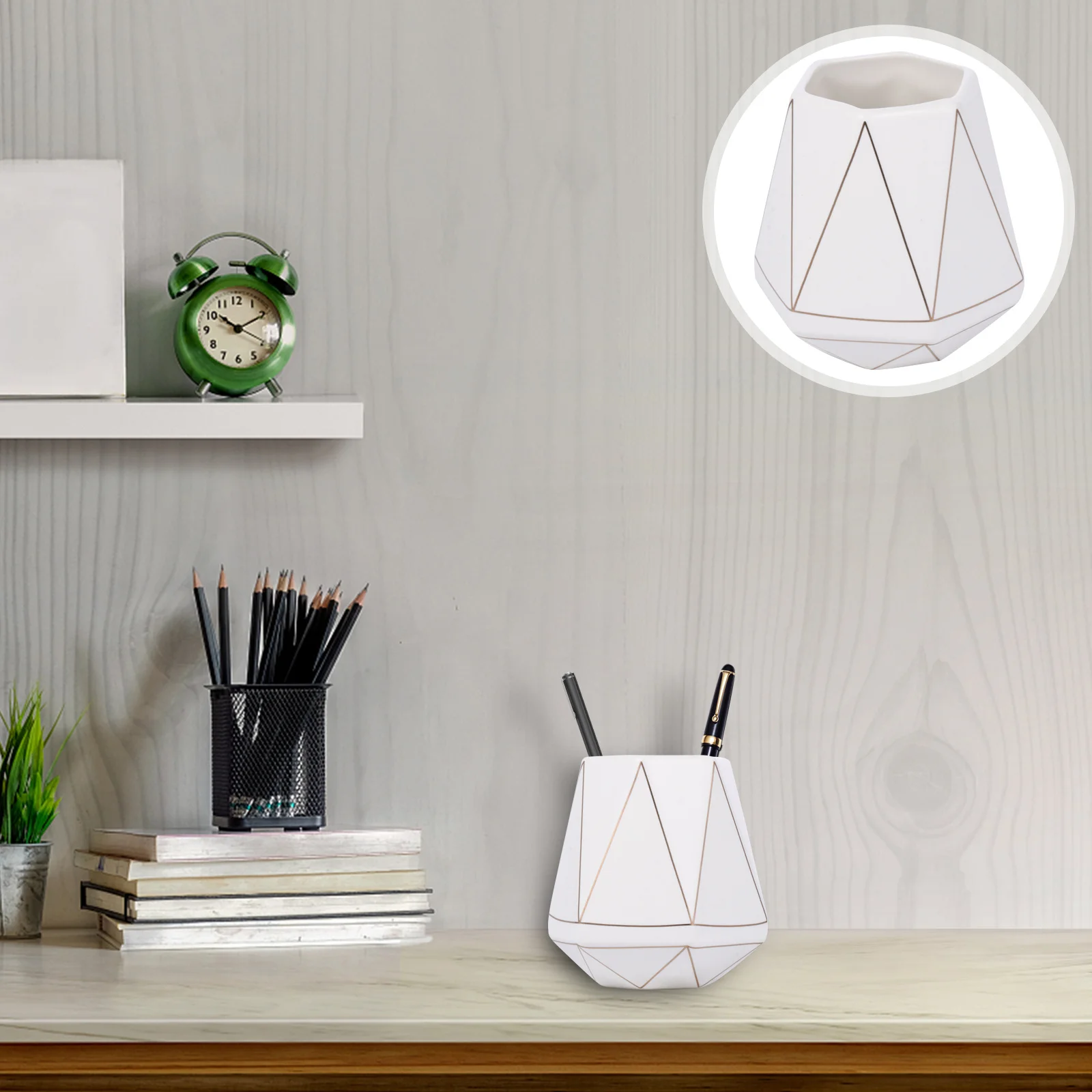 1Pcs Ceramic Pen Holder Geometric Multifunctional Pen Storage Container Brush Organizer for Home Office Desktop Decor