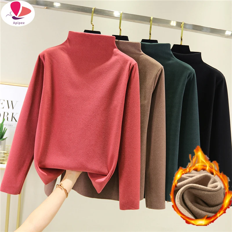 Double-Sided Wear Half-Collar Shirt Female Autumn Winter Brushed Thick Bottom Shirt Warm Inner Velvet Long-Sleeved T shirt Tees