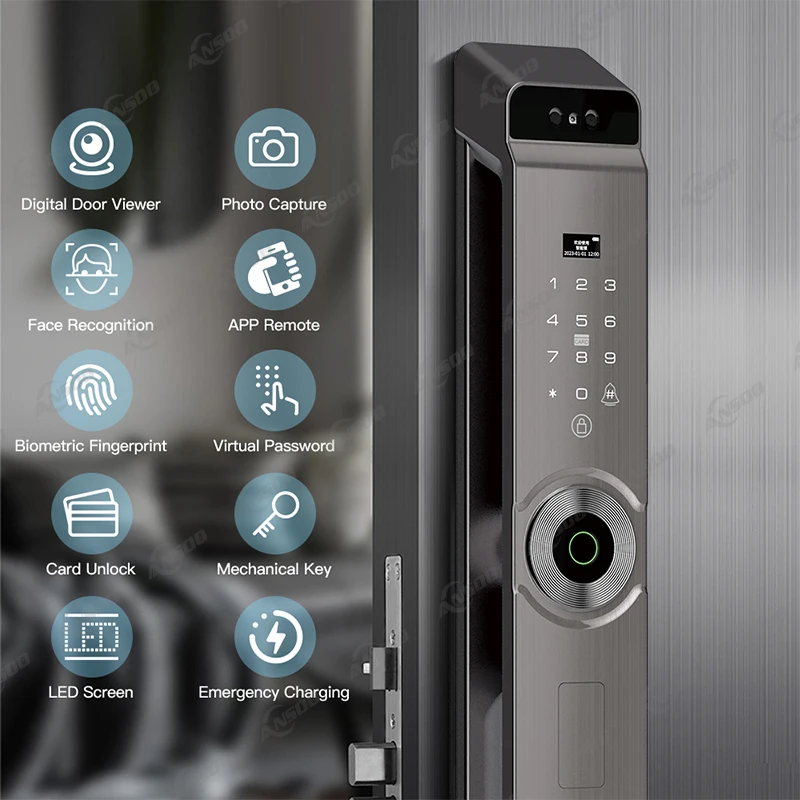 自動電子指紋認証バイオメトリックロック WIFIスマートロック 3D顔認証デジタルドアロック カメラ付き