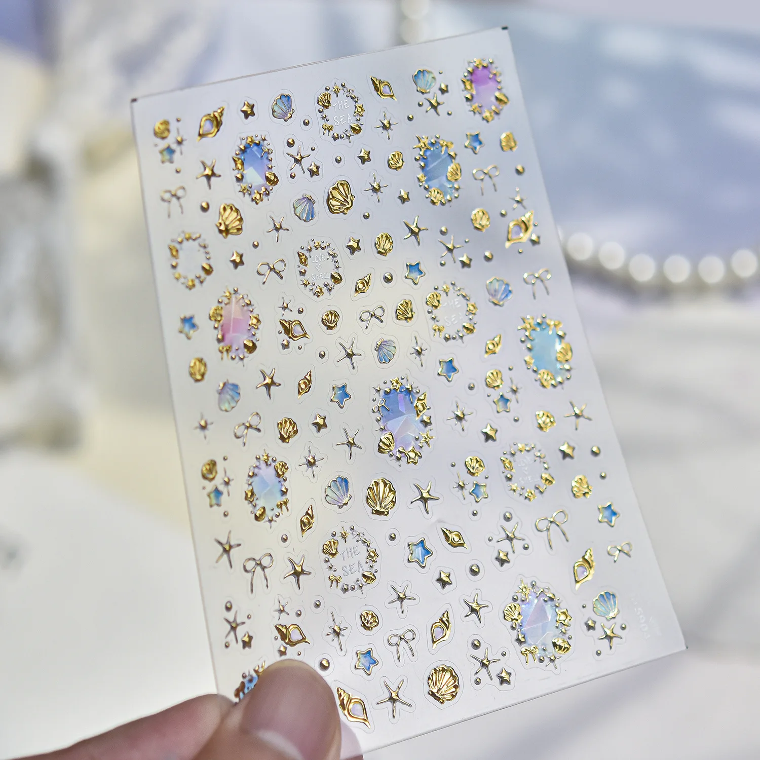 Muschel Seestern Schnecke Schleife Blumen Edelstein Rahmen Stern Strass 5D Nagelaufkleber Vergoldet Schillernd Sommer Strandurlaub Dekor