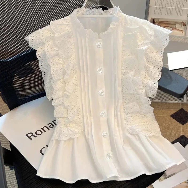 Summer New Flying Sleeve White Shirts Women Vintage Sleeveless Ruffled Lace Blouse For Woman Elegant Casual Sweet Tops  27709