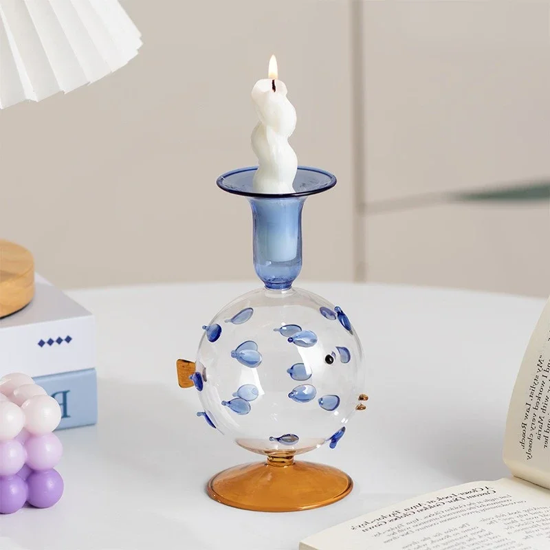 Cartoon Pufferfish Glass Candlestick Transparent Cute Fish Candle Holder Handmade Colored Glass Candle Stick Home Decoration