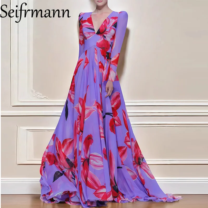 Seifrmann Damen-Elegantes Partykleid, langärmelig, V-Ausschnitt, Blumendruck, modisches Ballkleid, große Schaukel-Kleider, Frühling, Sommer, 2025, Neu