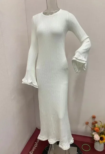 Vestido largo de punto con dobladillo y volantes para mujer, traje elegante de doble capa, con cordones, manga larga acampanada, cuello redondo, informal, para fiesta en la playa