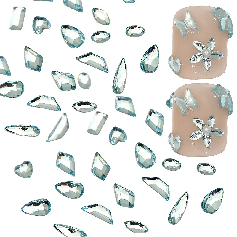 50PCS SHINY MINI Light Lake Blue Chamfered K9 เพชร Flatback คริสตัลเล็บ Art Rhinestones ตกแต่งเล็บ TOP เครื่องประดับ