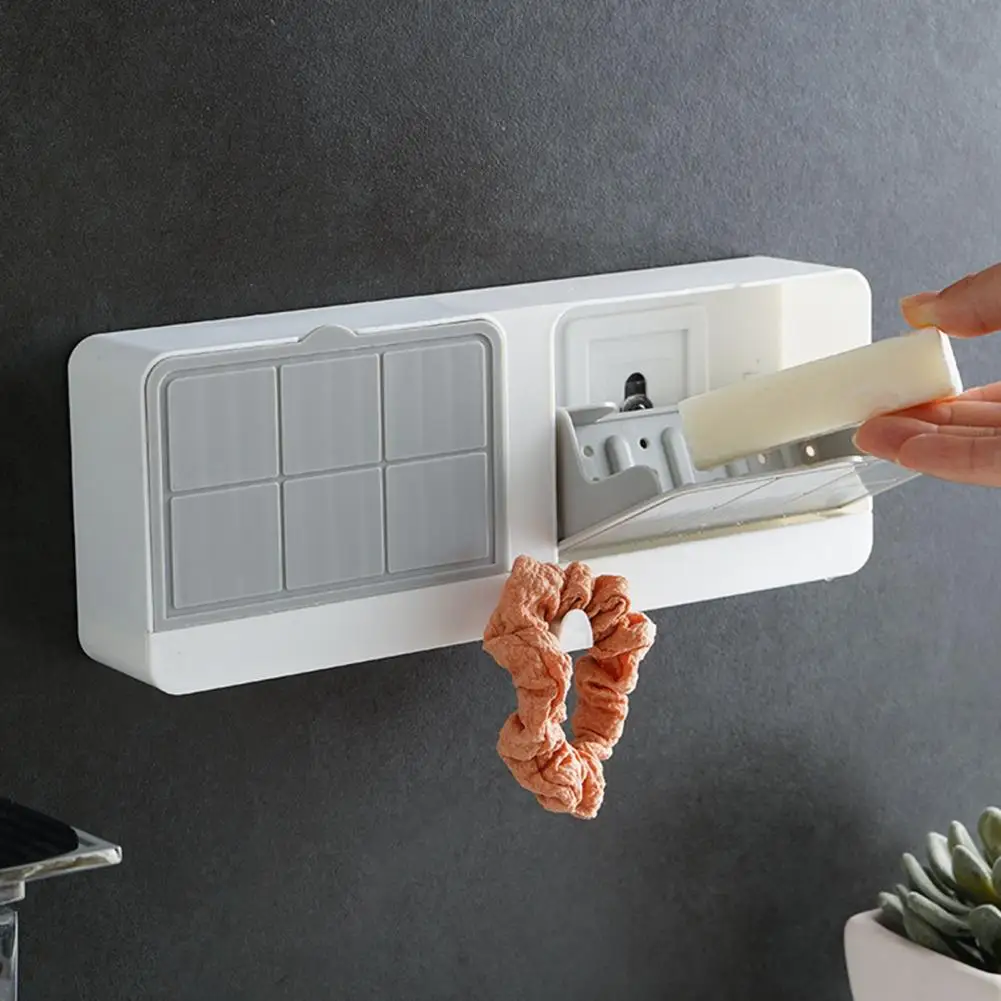 Soap Holder Wall Mount Soap Dish with Hidden Hook Cover Drain Holes Dustproof Plastic Punch Free Bathroom Accessories