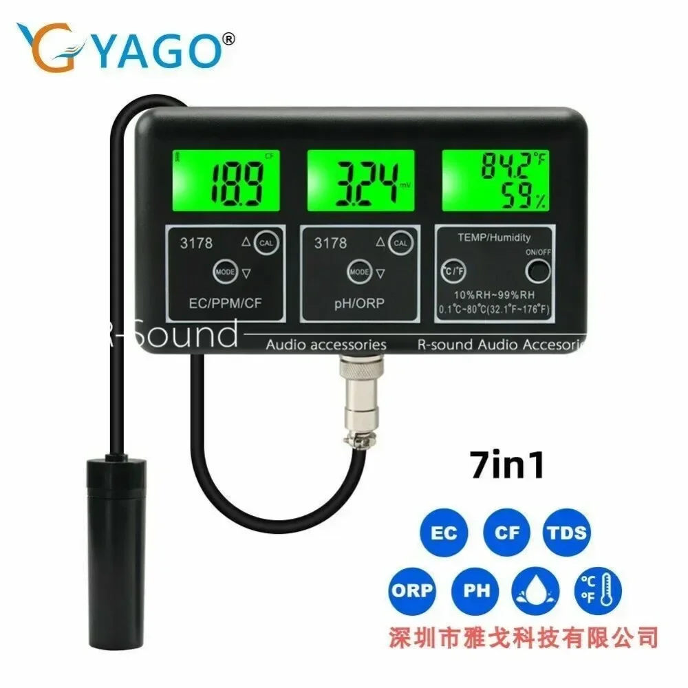 2026//7 in 1 Water Quality Tester Detector PH pH/Temperature/EC/CF/TDS/ORP/Humidity