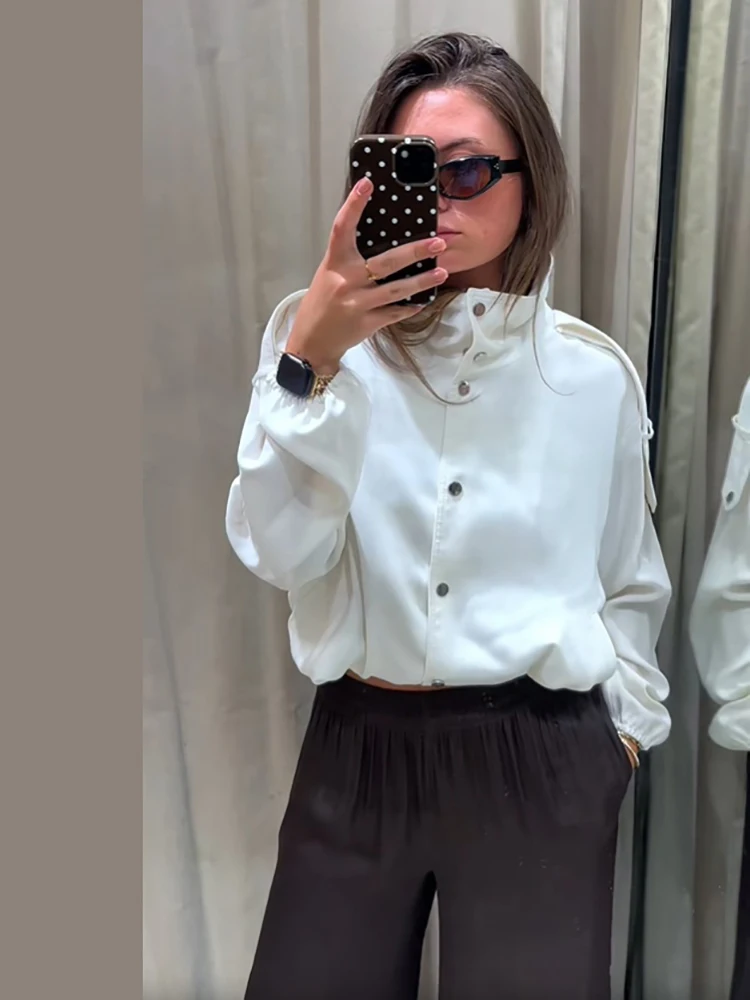 Women Chic White Cropped Stand Collar Short Coat Long Sleeve Drawstring Snap Button Jacket Minimalist Autumn Daily Outerwear New