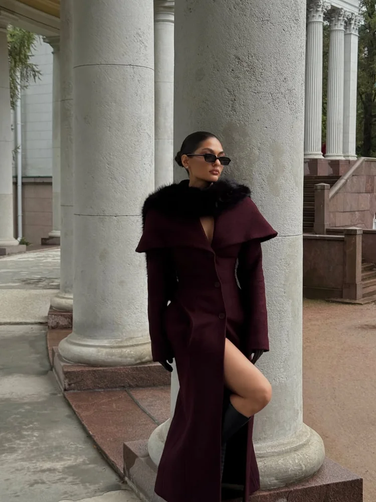 المرأة أنيقة التلبيب معطف الصوف الصلبة واحدة الصدر الخصر Cinching ضئيلة معطف طويل سيدة الخريف الشتاء تخفيف ملابس خارجية