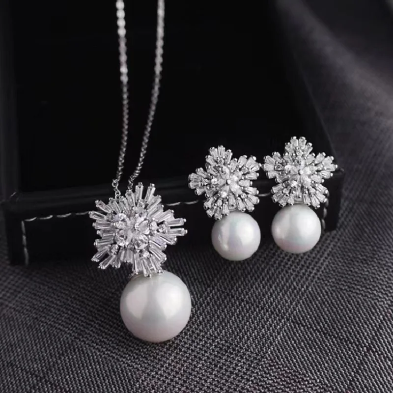 SUGO Classic Fashion Snowflake Zircon with Pearl Earrings Necklaces Jewelry Sets for Elegant Women Dinner Accessories