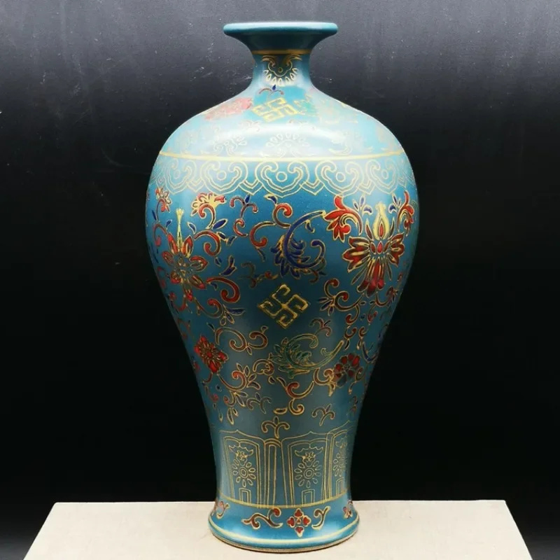 FG10Peacock Blue Glaze Enamel Color Longevity Floral Pattern Plum Vase Antique Old Object Collectible