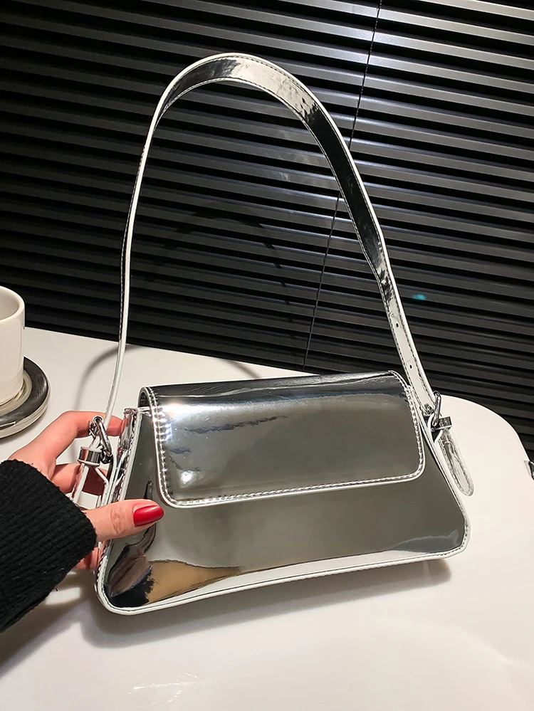 

Fashionable Patent Leather Women's Underarm Bag Solid Textured Glossy One Shoulder Bags Female Casual Simple Versatile Handbags