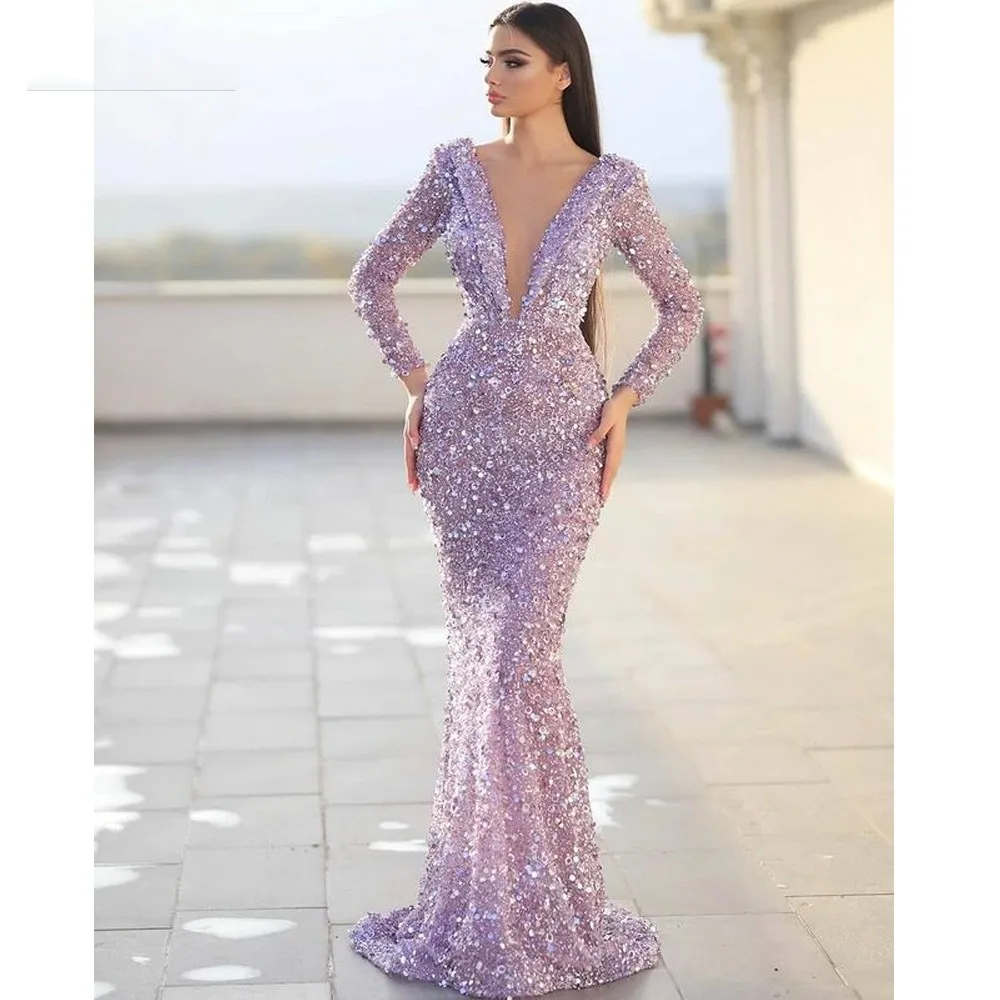 Vestidos de Noche lilas para mujer, vestidos de sirena con cuello en V, mangas largas de lujo, cuentas de lentejuelas, elegantes y sexys, fiesta personalizada, 2023