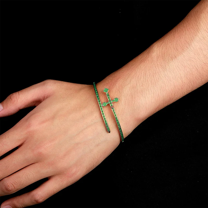 

Hip Hop 3A+ Cubic Zirconia Paved Bling Iced Out Cross Holy Sword Shape Open Cuff Bangle Bracelets for Men Rapper Jewelry Gift