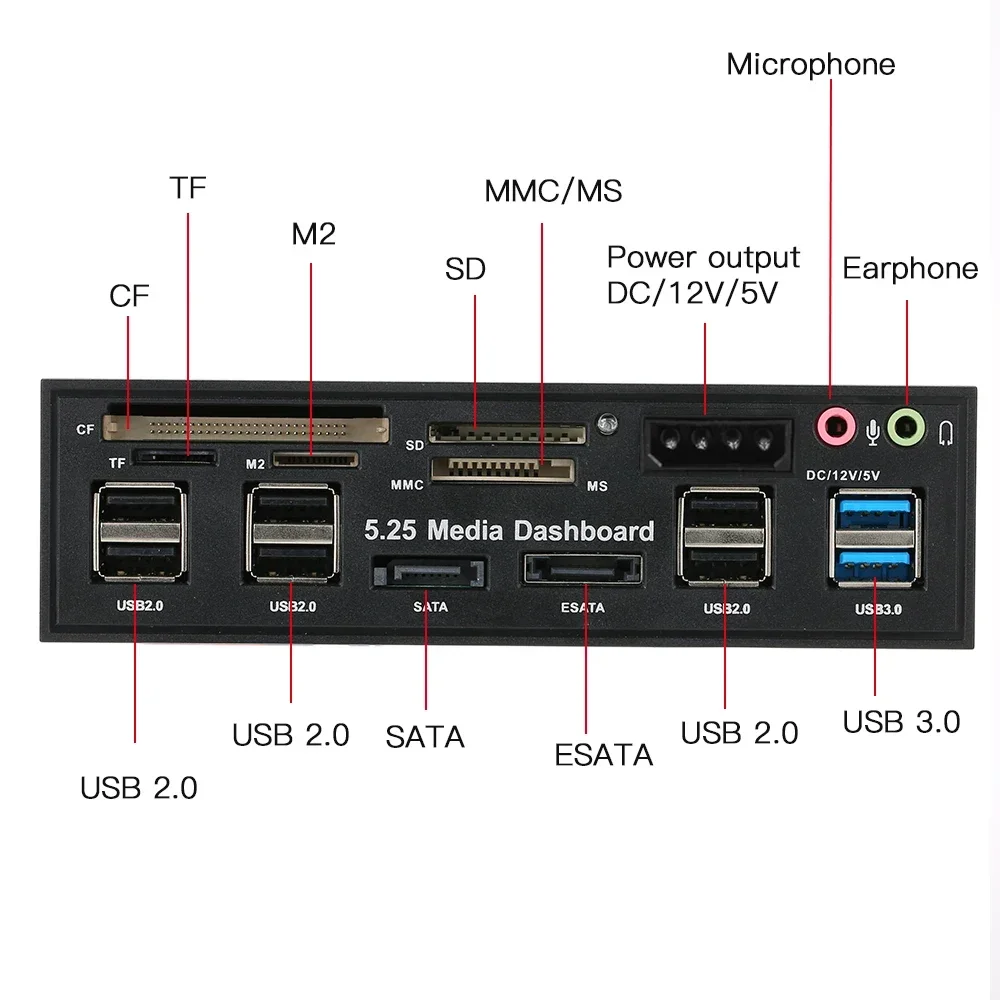 Wielofunkcyjny koncentrator USB 3.0 eSATA SATA Port Wewnętrzny czytnik kart PC Deska rozdzielcza Media Panel przedni Audio dla SD MS CF TF M2 MMC