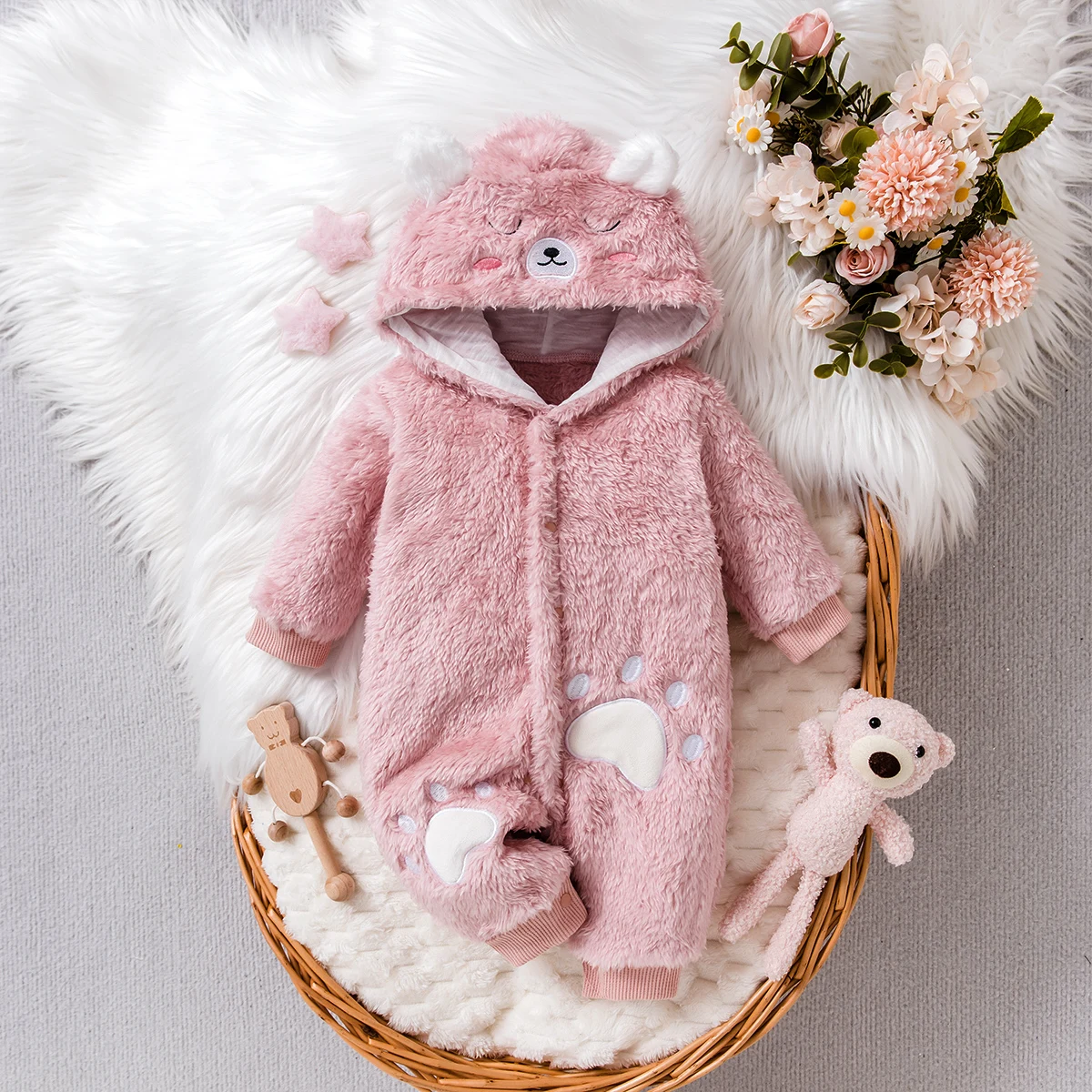 Baby Girl Autumn and Winter Jumpsuit Newborn Pink Bear Plush Hooded Romper with Paw Print Decoration