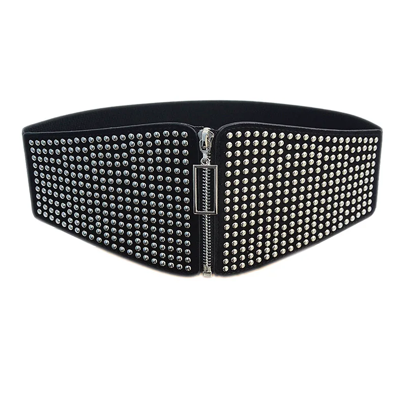 High Elastic Waist Black Rivet Decorative All-match Women Fashion Wide Belt