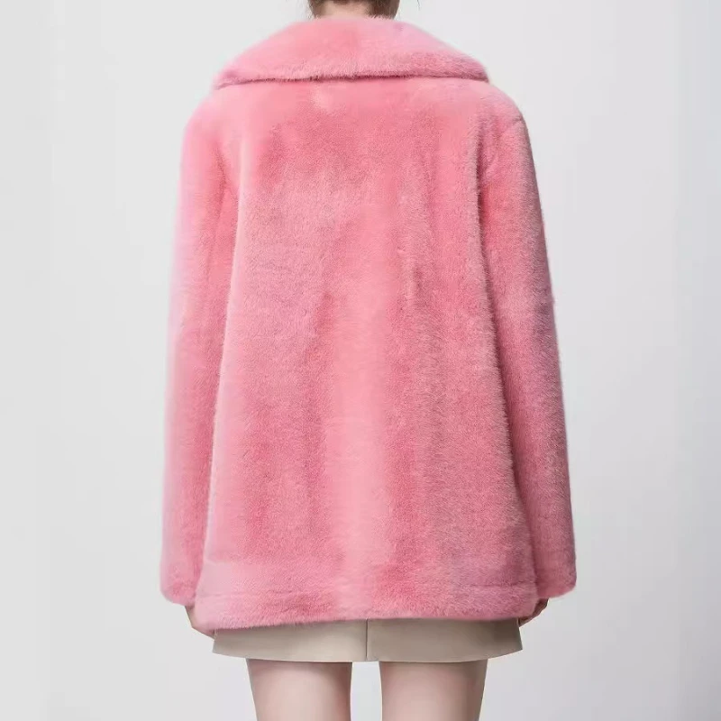 Pink Lapel Faux Fur Short Jacket Solid Offce Lady Faux Mink Plush Coats Stylish Outerwears Women’s Furry Jacket Thick Warm Loose