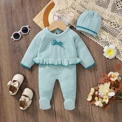 3PCS Newborn Baby Clothes Set Knit Infant Kid Pullover Trousers Hat 0-9M Warm Girl Long Sleeve Sweater +Pants Foot Wrapping Fall