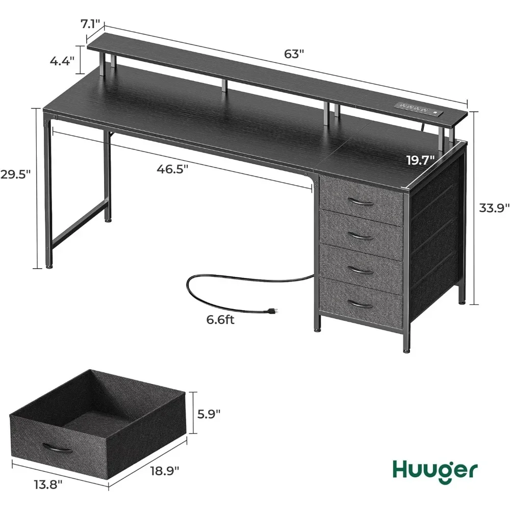 63 Inch Computer Desk with Power Outlets and LED Lights, Gaming Desk with 4 Drawers, Office Desk with Monitor Stand